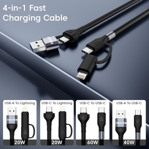 Image of Sounce 4-in-1 Fast Charging Cable USB-A to Type-C & Lightning, 60W /3A PD Power Delivery, 480Mbps Data Transfer, Swappable Charging Heads, Universal Multi-Device Compatibility Black (1.5m)