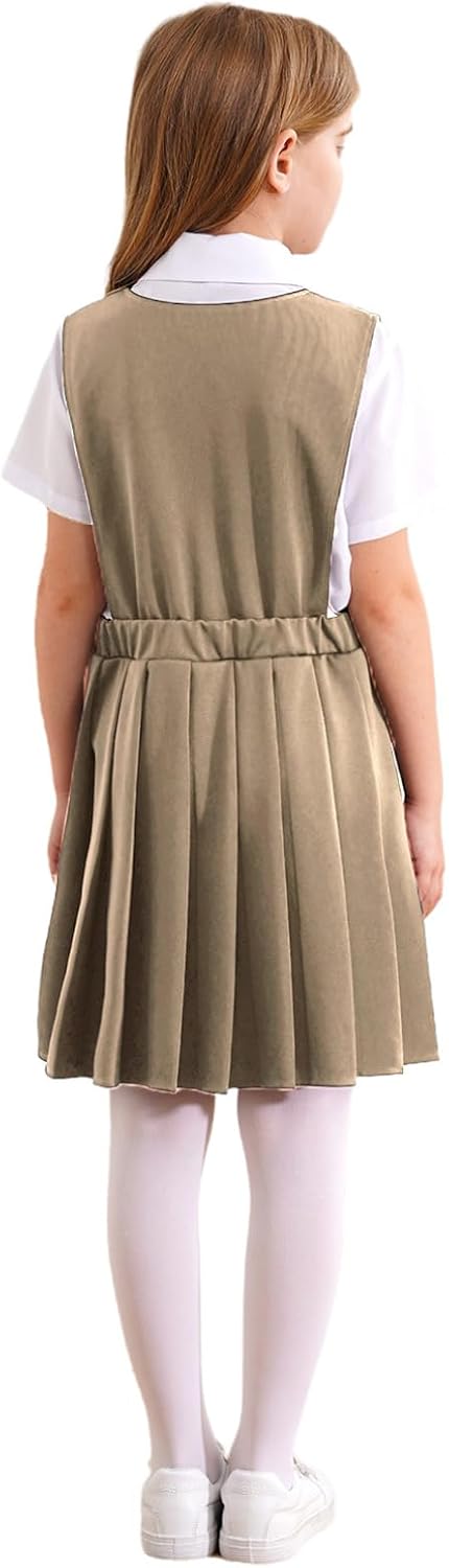 iiniim Little Girls Solid Color V Neck Sleeveless Pleated Jumper Dress Dress for Kids School Uniform