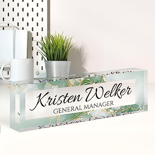 Image of Name Plate for Desk, Desk Name Plate Personalized, Office Decor for Women Men, Acrylic Desktop Accessories, Office Appreciation Gifts for Boss Social Workers Nurse Teacher Employee (Green /Gold)