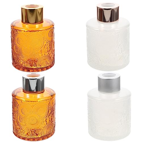 SEWACC アロマ精油拡散ボトル ホームアロマガラスボトル 100ml リードディフューザー用 ボトル 詰め替え ガラス容器 透明 部屋用 置型 容器 蓋付き 4個セット(ホワイト+黄)