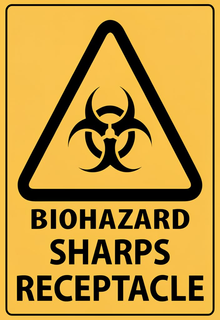 peiyeety Biohazard Sharps Receptacle Tin Sign 12x8 Inch, Yellow & Black Warning Metal Plaque with Biohazard Symbol, High-Visibility Safety Wall Decor for Clinic LabOffice Garage