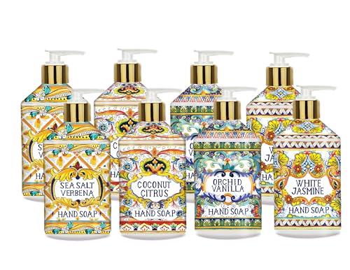 Villa Flora Hand Soap Set 8 x 21.5oz bottles - Sea Salt Verbena Coconut Citrus Orchid Vanilla and White Jasmine. Home and Body Company