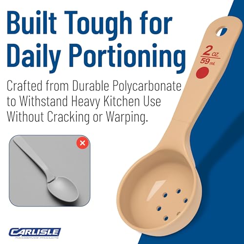 Image of Carlisle FoodService Products 2 Oz Perforated Portion Control Spoon - Short Handle Measuring Spoon - Beige Polymer Foodservice Spoon for Commercial Kitchens, (Pack of 12)
