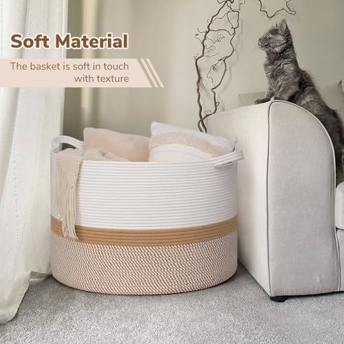 Image of INDRESSME 115L Extra Large Cotton Rope Basket, Woven Baby laundry Blanket Basket for Home Decor Living Room Nursery, Toy Storage Baskets for Kids Boys Girls, White & Camel Mix