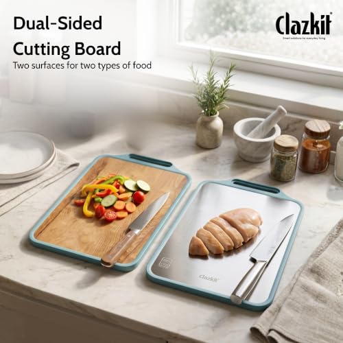 Image of Clazkit Stainless Steel & Wooden Dual Side Chopping Board with Handle | Food-Grade Stainless Steel & Natural Wood | Durable Kitchen Chopping Board for Vegetables, Fruits (36.5 x 23 x 0.1cm)