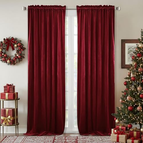 StangH Cortinas de terciopelo rojo de teatro para oscurecimiento de la habitación y aislamiento térmico en el hogar, con dobladillo para barra, 132 cm de ancho x 305 cm de largo, 2 paneles