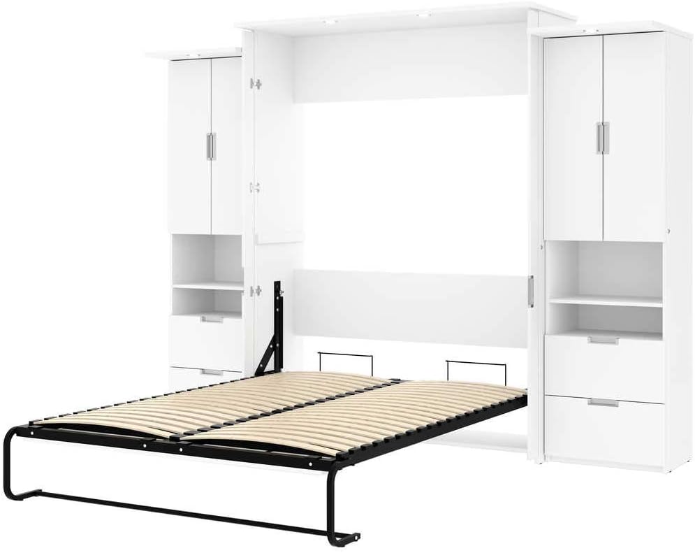 Bestar Lumina 114W Queen Murphy Bed with 2 Storage Cabinets in White, Sleeping Arrangement with Drawers