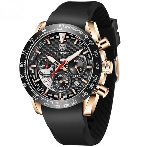 BENYAR by Herren-Armbanduhr, wasserdicht, Chronograph, beleuchtet, klassisch, Lederarmband, großes Zifferblatt, Datum, Analog, Herren, Elegantes Geschenk