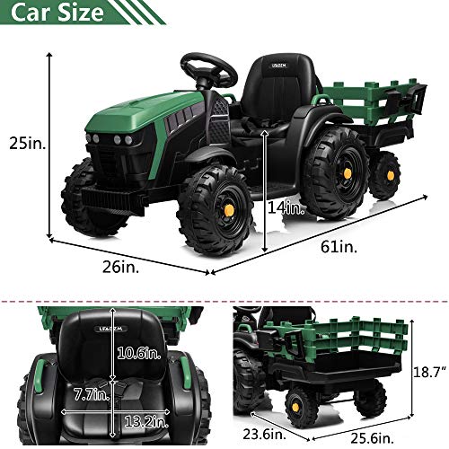 VALUE BOX Extra Larger 12V Ride on Tractor with Trailer, Battery Powered Electric Agricultural Vehicle Toy Car Ground Loader w/ 2 Speeds, Detachable Wagon, Shovel, LED Lights, MP3 player, Radio, Green