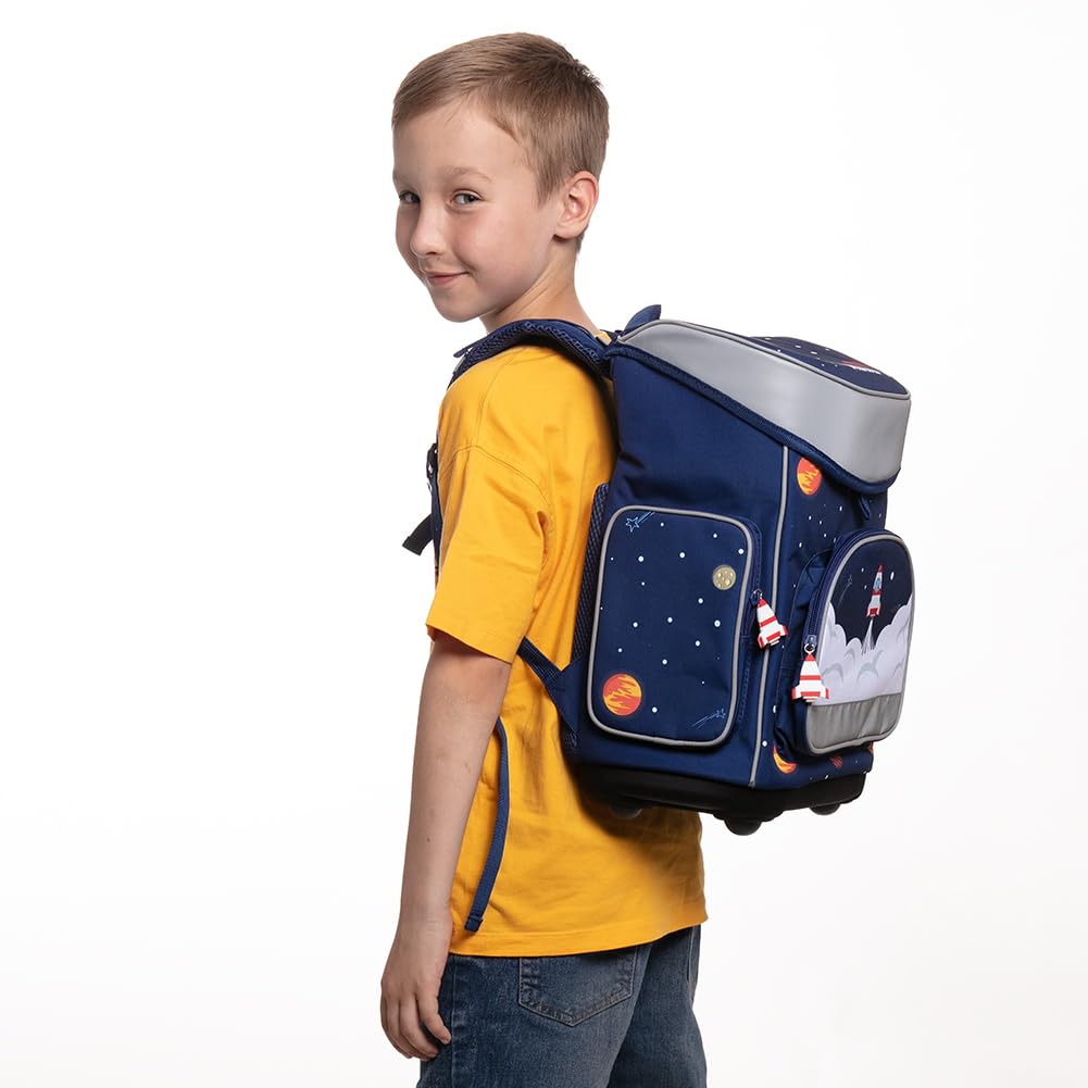 MUWO Kinder Schulranzen Set 5tlg. ergonomischer Leichter Schulrucksack mit Sporttasche, Turnbeutel, Federmappe, nur 920 Gramm (Weltraum Design)