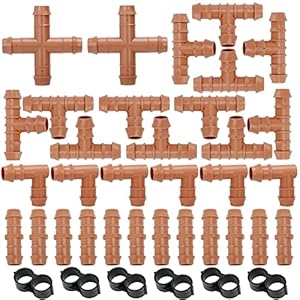 Cozy Tower 36 Pcs Drip Irrigation Kit 1/2 Inch Drip Irrigation Fittings Parts, Irrigation Tubing Fittings Hose Barbed Connectors, Including 2 Crosses 10 Tees 6 Elbows 12 Couplings 6 End Plugs