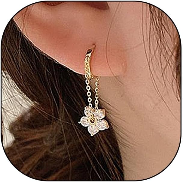 14K Gold Plated Rhinestone Flower Hoop Earrings for Women,Sparkly Rotatable Floral Statement Dangle Earrings, Fashion Birthday Graduation Jewelry Gifts