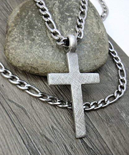 Men's Cross Necklace, Large Cross Pendant - Silver Cross Necklace (Fine Pewter) With Stainless Steel Chain - Men's Cross Jewelry #TOP1