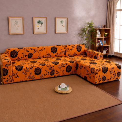 Image of Gifts Island Premium 160GSM Super Soft Gold Black Floral Stretchable Sofa Cover L Shape 5 Seater Fully Covered | Suitable for Both Left and Right Side Chaise Sofa (Gold Black Floral, 3+2 Seater)