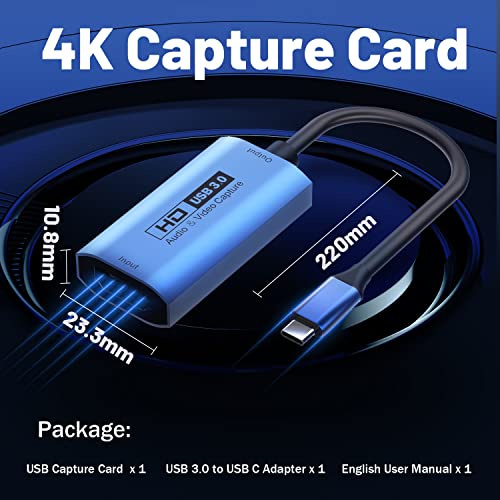 Guermok Video Capture Card, USB3.0 HDMI to USB C Capture Card, 4K 1080P 60FPS Capture Devices for Gaming Live Stream Video Recorder, for Windows Mac OS System OBS Zoom PS4/5 Switch Xbox1(Blue)