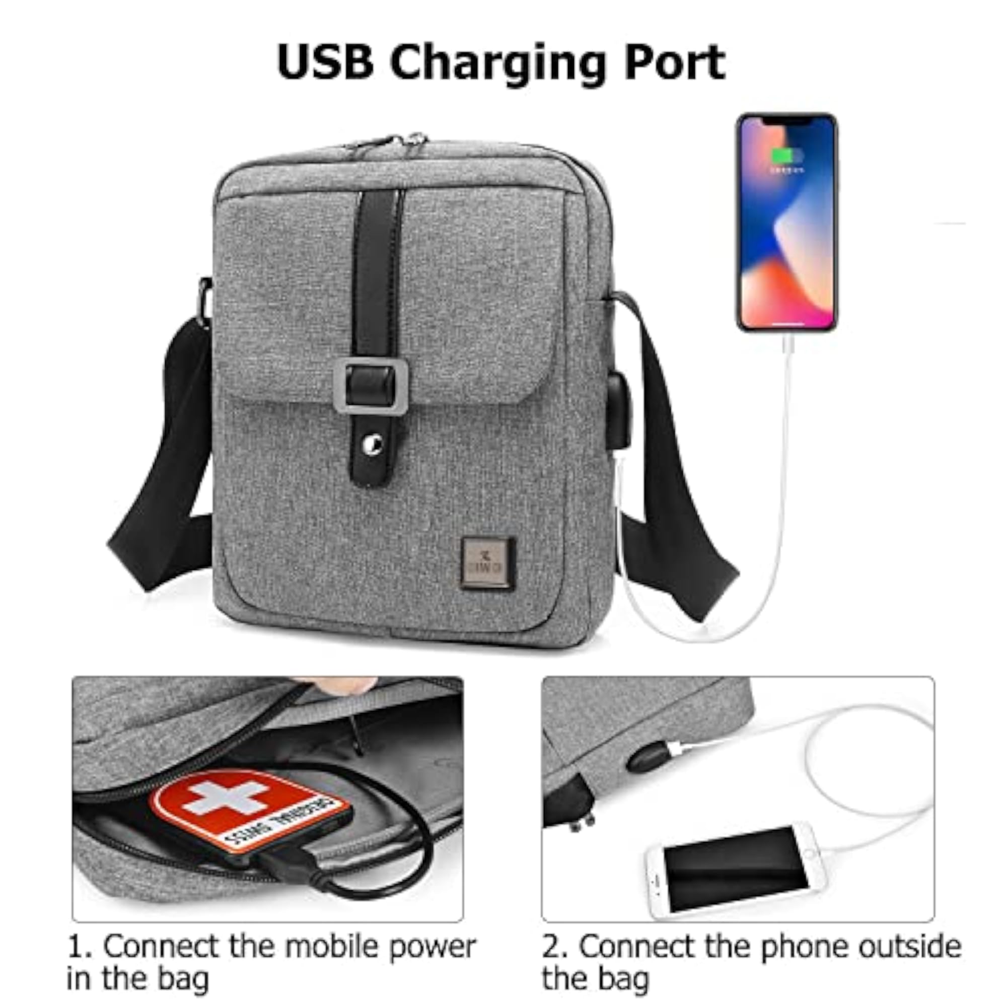 Unisex Water Resistant Tablet Sling Bag with USB