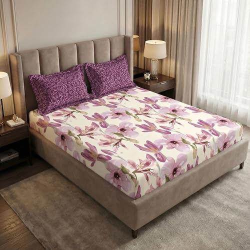 Image of MYTRIDENT Soft Comfort Bedsheet for Double Bed, 100% Cotton Bedsheet, 180 TC, Soft and Breathable, King Size Bedsheet with 2 Pillow Covers - Dahlia