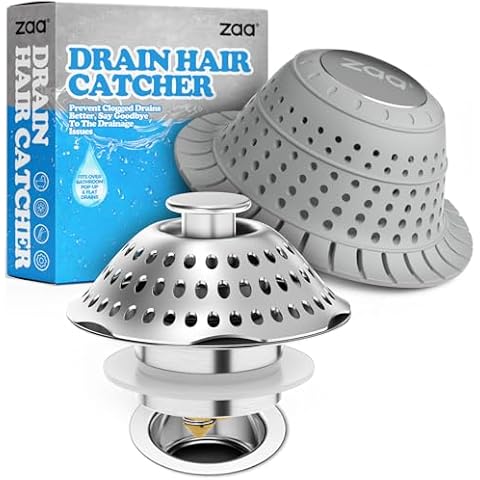 zaa Bathtub Drain Hair Catcher Combo, 1 Pack Silicone Drain Protector & Stainless Steel 2in1 Bathtub Stopper, Bathtub Drain Plug for Pop-Up and Regular Drains of Shower, Bathtub, Tub, Bathroom, Sink Cover