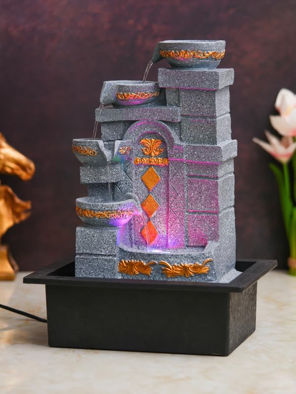 Image of Polyresin Designer Table Top Indoor Home Decor 4 Steps Waterfall Fountain with Yellow LED Lights & Water Flow Controller Pump (Size: 40 x 29.5 x 22CM | Weight: 2185grm | Color: Grey)