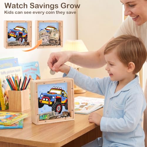 Image of ICOSY Piggy Bank for Kids, Wooden Framed Coin Bank