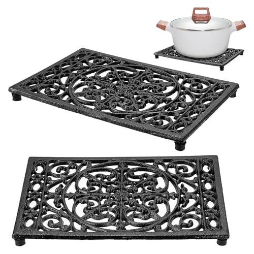 2Pcs Rectangle Cast Iron Trivet, Shield Your Countertops, Cooktops, and Dining Tables from Damaging Heat, Scratches, and Spills, Suitable for Everyday Cooking, Family Dinners, or Outdoor BBQ Prep