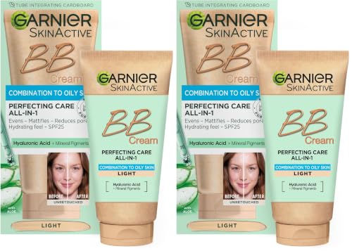 Image of Garnier Oil-Free Perfecting All-in-1 BB Cream, Shade Light, Tinted Moisturiser SPF25, Mattifies Skin & Evens Complexion, With Hyaluronic Acid, Aloe & Mineral Pigments, 50ml (Pack of 2)