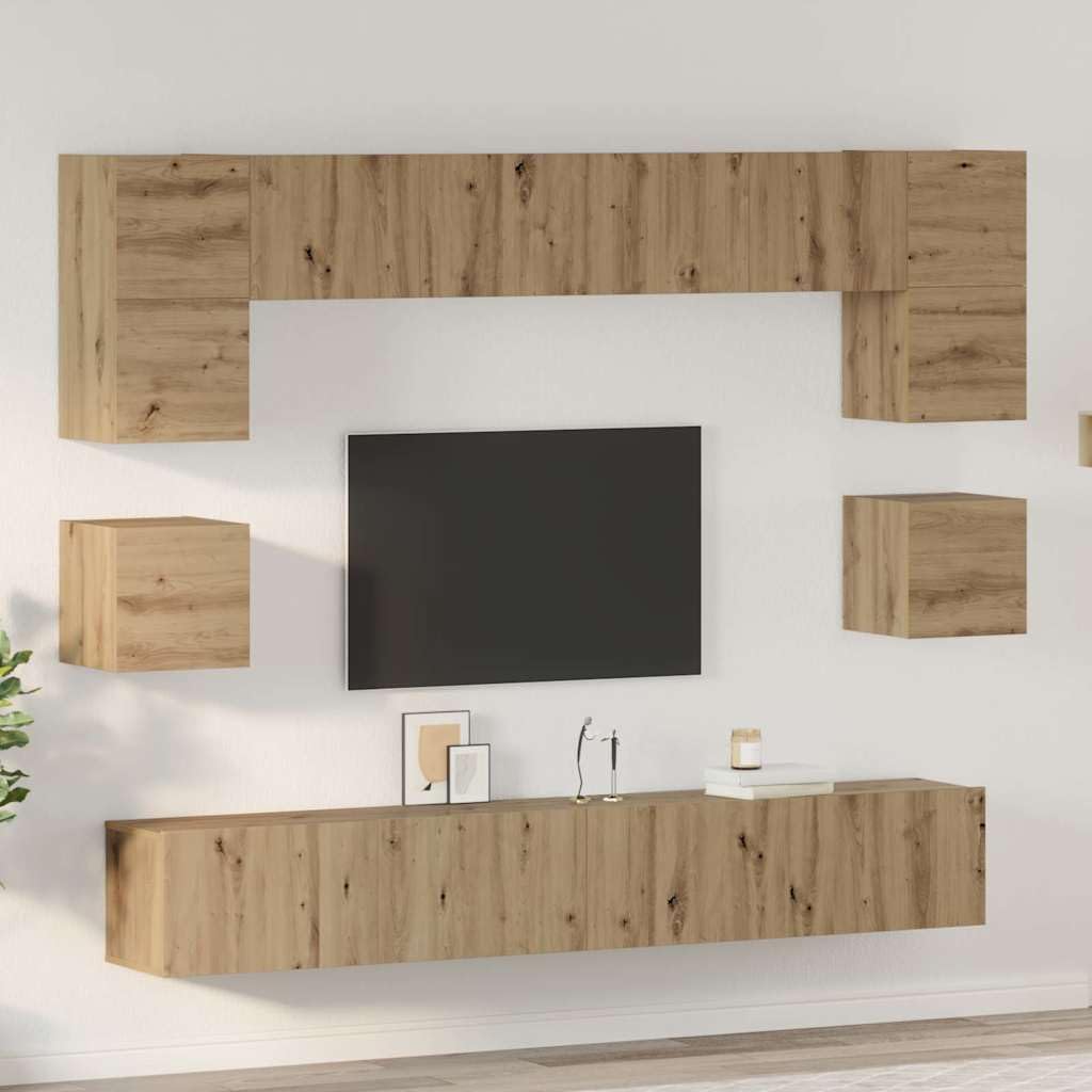 TV-Schrankset Wandmontiert 8-teilig, Artisan-Eiche Holzwerkstoff, Modernes Media-Center für Wohnzimmer, Schlafzimmer, platzsparende TV-Konsole