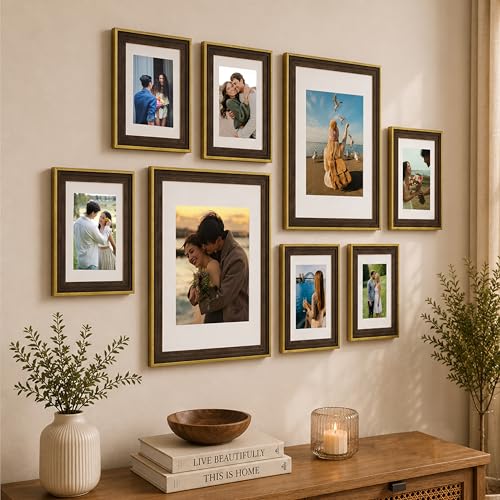 Image of Art Street Rustic Brown & Gold Gallery Wall Photo Frame Set | Modern Memory Timeline Wall Decor for Living Room, Bedroom & Family Photo Collage Display