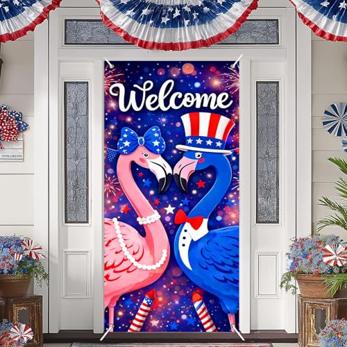 Image of BlissYard Patriotic Flamingo Door Cover 71x35 Inch 4th of July Welcome Door Decoration Red White Blue Flamingo Front Door Banner Independence Day Porch Door Cover July 4th Door Decorations Outdoor