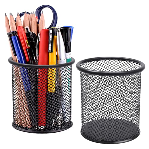 Qualsen 2 Pack Pen & Pencil Pot & Holder Black Pots, Pen Holder for Desk, Mesh Organizer, Stationery Supplies for Office, Home, Classroom