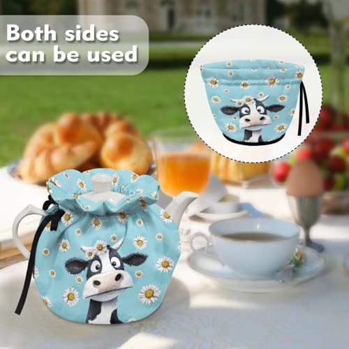 Image of Cute Cow Print Tea Cozy Daisy Print Tea Pot Cover Insulated Tea Cosy Teapot Dust Cover Teapot Warmer for Home Kitchen Teapot Covers, Blue