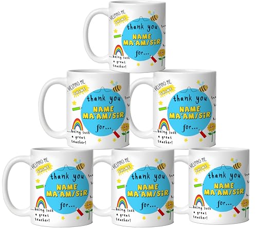Image of DAYS Thank You Teacher Personalized Mug Custom Teacher's Name Best Teacher Gift, Teacher on Birthday Helping Me to Grow Ceramic Mug 11oz (Pack of 6)