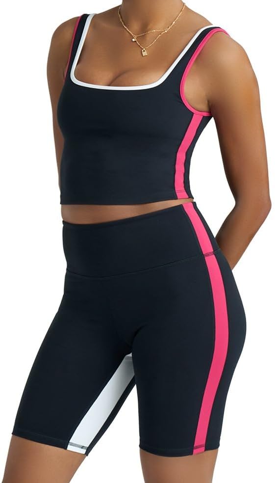 Two piece workout sets for women, 2 piece Gym Sets Tank Top Shelf Sports Bra And Matching Biker Shorts Running Work Out Yoga