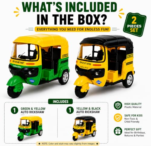 Image of PLUSPOINT Auto Rickshaw Toy,with Pull Back Action City Traffic Vehicles Public Transport Toy with Light and Sound for Aged 3 4 5 6 Boys and Girls,Kids Party Favors Gifts (Green- 2Pc)