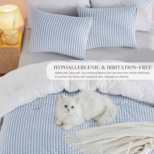 Image of Oli Anderson 100% Cotton Waffle Comforter Set King Size, 3 Pieces Lightweight Breathable All Season Bed Comforter, Soft Skin-Friendly Blanket for Bedroom Guest Room, Machine Washable, Blue