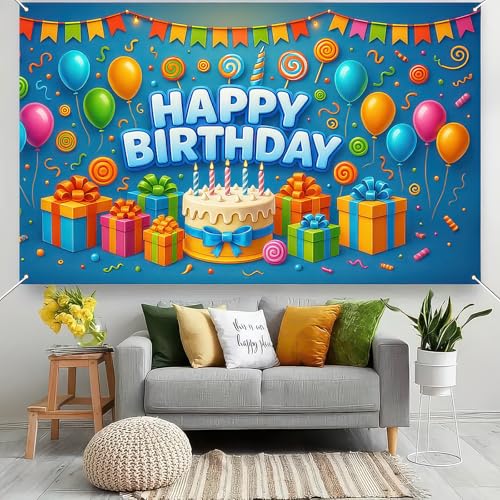 Image of BlissYard Happy Birthday Banner 71x43 Inch Gift Cake Blue Background Decoration for Boys Candy Theme Poster Backdrop Wall Scene Happy Birthday Banner Kids Party Display Setup Outdoor Supplies