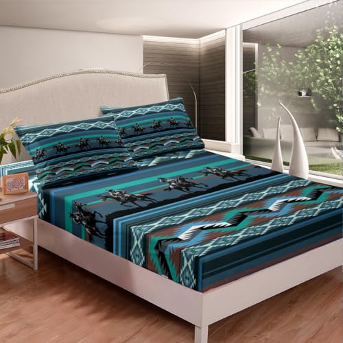 Southwestern Bed Sheet Set Double Western Fitted Sheet for Kids Boys Girls Decor Cowboy Print Bedding Set Tribal Horse Blue Bed Cover Deep Pocket Bedroom - Image 2