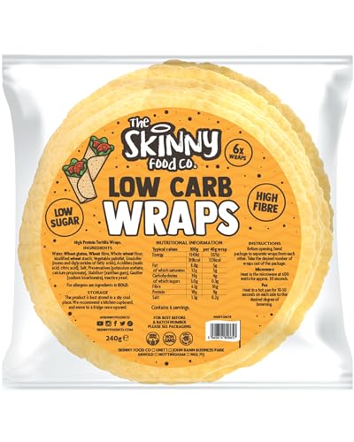 Skinny Food Co Low Carb Wraps 6 x 40g - High Protein Wraps (9g per Wrap) and 4g of Carbohydrates Per Wrap - High Fibre & Vegan Low Carb Tortilla Wraps - Low Calorie Wraps For Lunch, Breakfast, Dinner