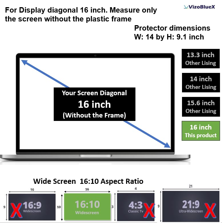 Image of VizoBlueX - 16 inch Diagonal Blue Light Blocking Screen Protector Filter. Panel LED PC Laptop Anti-UV Eye Protection Panel Cover - Widescreen Laptop Frame Hanging Type (W 14 inch X H 9.2 inch)