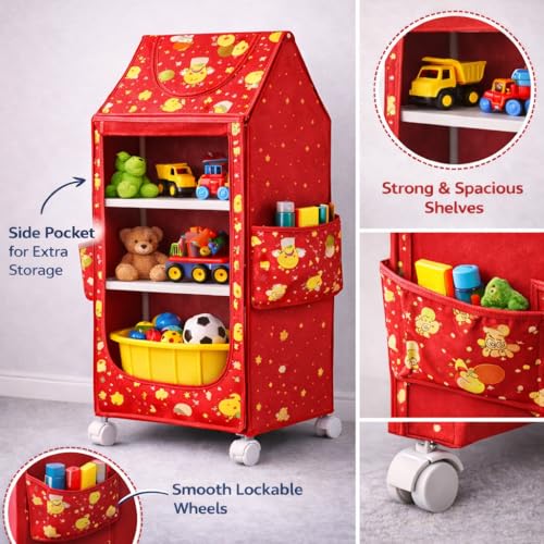 Image of Multipurpose Baby Wardrobe Organizer with 4 Shelves | Baby Clothes Organizer & Storage | Baby Almirah /Almera Plastic Cupboard for Clothes, Foldable (Unbreakable Material) | Cherry Red