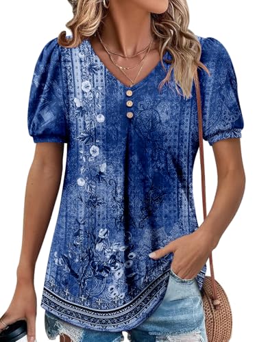Angerella Women Tunic Tops Dressy Casual Summer Short Sleeve V Neck Shirts Floral Loose Fit Pleated Boho Top S-3XL2