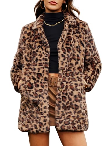 ELLEVEN Leopard Faux Fur Long Coats Winter Jackets for Women Warm Fluffy Cheetah Print Overcoat Fashion Outfits Brown Leopard Large