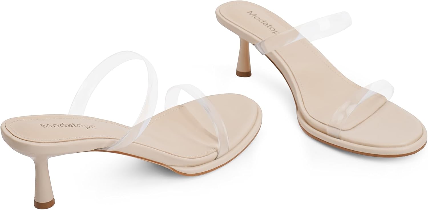 Modatope Two Strap Heeled Sandals for Women Kitten Heel Rounded Toe Heels Women Slip on Open Toe Sandals - Image 5