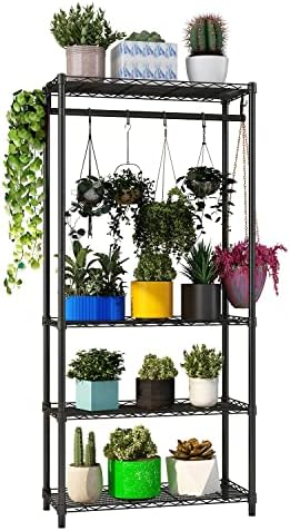 Xiofio 4-Tier Plant Shelf for Indoor Plants Outdoor, Large Multiple Flower Pot Holder Rack，Hanging Plant Stand Adjustable Plant Stand Suitable for Bedroom Living Room Balcony Garden,Black