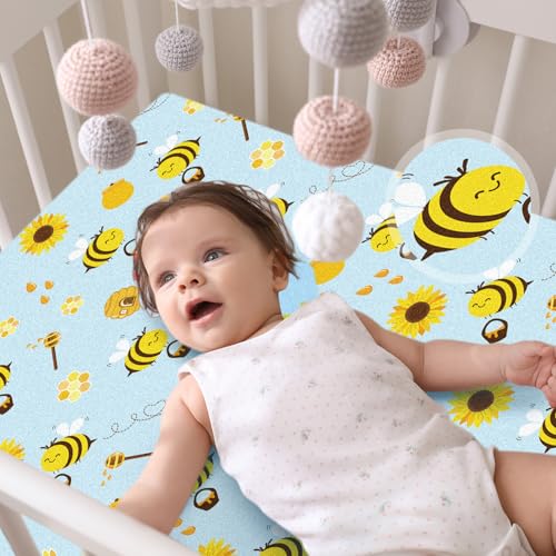 Image of VitalCozy 4 Pcs Yellow Bee Crib Sheet Set Newborn Bedding Nursery Baby Sheets for Girl Boys Baby Gifts for Standard Crib and Toddler Mattresses, 52 x 28 x 8 Inches