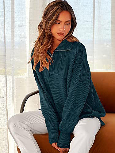 Image of ANRABESS Womens Oversized Quarter Zip Pullover Sweaters | Fall Fashion Outfits, Long Sleeve Slit Side, Baggy Loose Fit, 1 /4 Zip Lapel Collared, Ribbed Knit Soft Warm Winter Clothing