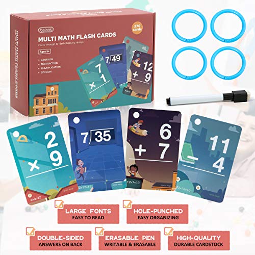Beiens Multi Math Flash Cards, 270 Addition, Subtraction, Multiplication, Division Cards, All Facts 0-12 With 1 Erase Pen 4 Rings, Math Games Set For Kids Age 6+ 3Rd 4Th 5Th 6Th Grade #TOP7