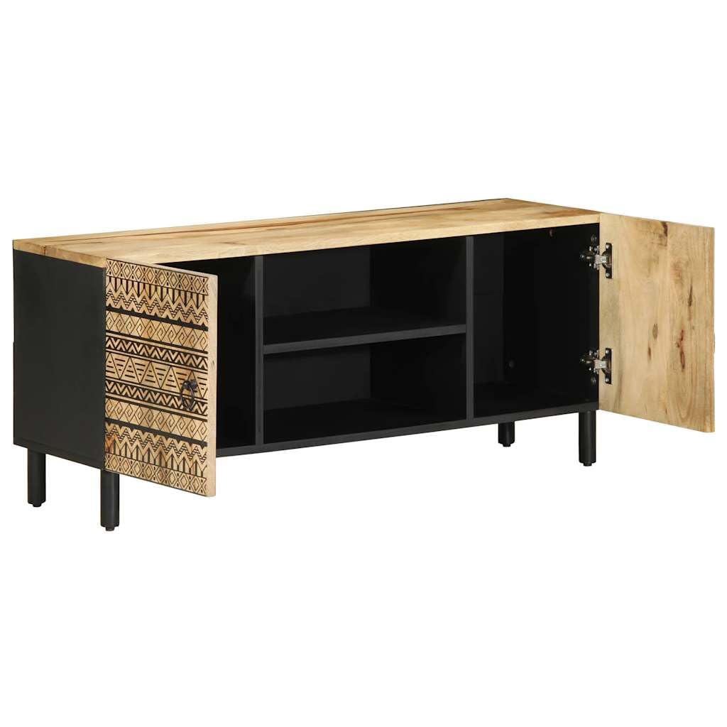 Mobile TV nero in legno di mango grezzo, 105 x 33,5 x 46 cm, con 2 ante e ripiani, stabile contenitore multimediale per soggiorno e ufficio, salvaspazio in stile industriale