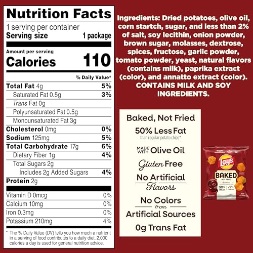 Baked Lay’s Potato Chips, Barbecue, 0.875 oz Bags, (60 Pack), 50% Less Fat, Gluten Free, No Artificial Flavors, No Colors from Artificial Sources