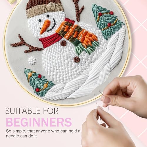 Image of Huacan Embroidery Kit for Beginners Adults, Easy Needlepoint Kits for Adults with Stamped Embroidery Patterns. (Snowman)